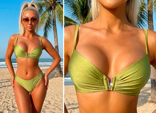 Раздельный купальник-пушап со стразами в оливковом ярком цвете из новой коллекции Zella 2026