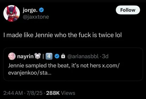 Продюсер резко ответил на предположение о происхождении музыки из трека «Like Jennie» Продюсер резко ответил на предположение о происхождении музыки из трека «Like Jennie»