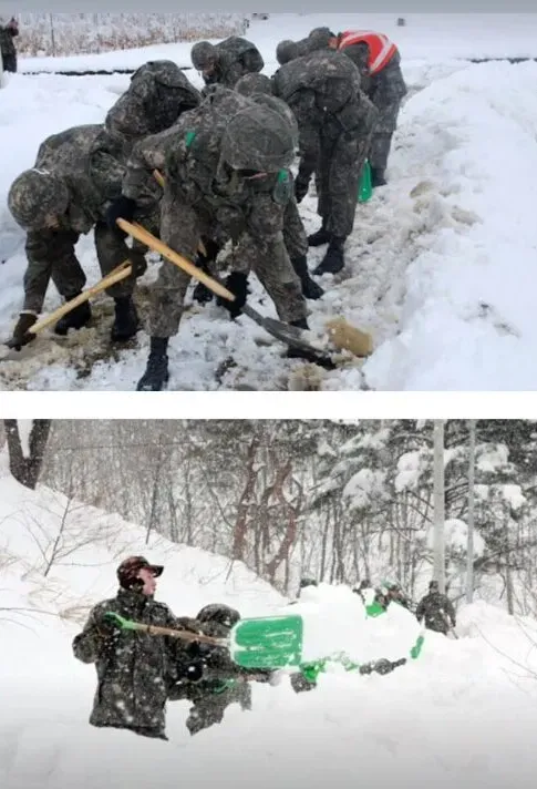 Ким Намджун показал фото с уборки снега, которую он и его сослуживцы проводили в полной экипировке