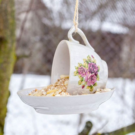 Bird feeder made from an old mug