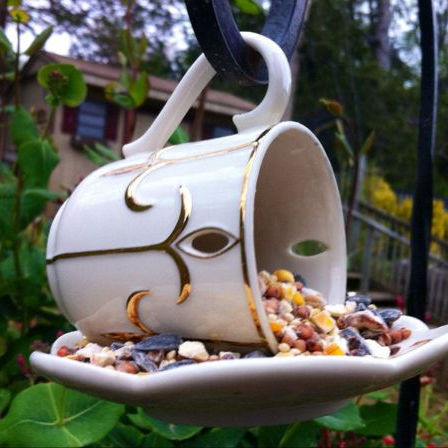 Bird feeder made from an old mug