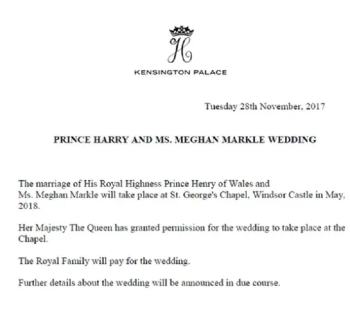 Сообщение о дате и месте проведения свадьбы принца Гарри и Меган Маркл