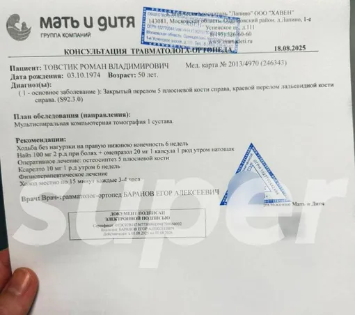 Роман Товстик обратился в больницу с переломами