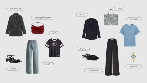 Пиджак Massimo Dutti, джинсы Hugo, футболка Levi’s, сумка Karl Lagerfeld Jeans, босоножки Ever be. Пиджак Boss, брюки Claudie Pierlot, футболка Tom Tailor, сумка Furla, мюли Hugo, часы Cerruti 1881 Пиджак Massimo Dutti, джинсы Hugo, футболка Levi’s, сумка Karl Lagerfeld Jeans, босоножки Ever be. Пиджак Boss, брюки Claudie Pierlot, футболка Tom Tailor, сумка Furla, мюли Hugo, часы Cerruti 1881